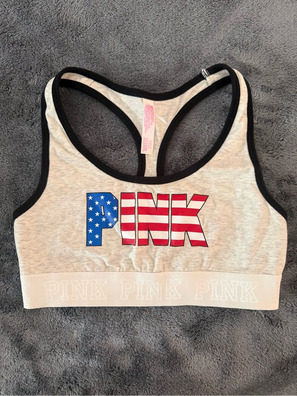 Victoria's Secret PINK Grey Sports Bra with Red, White & Blue Logo